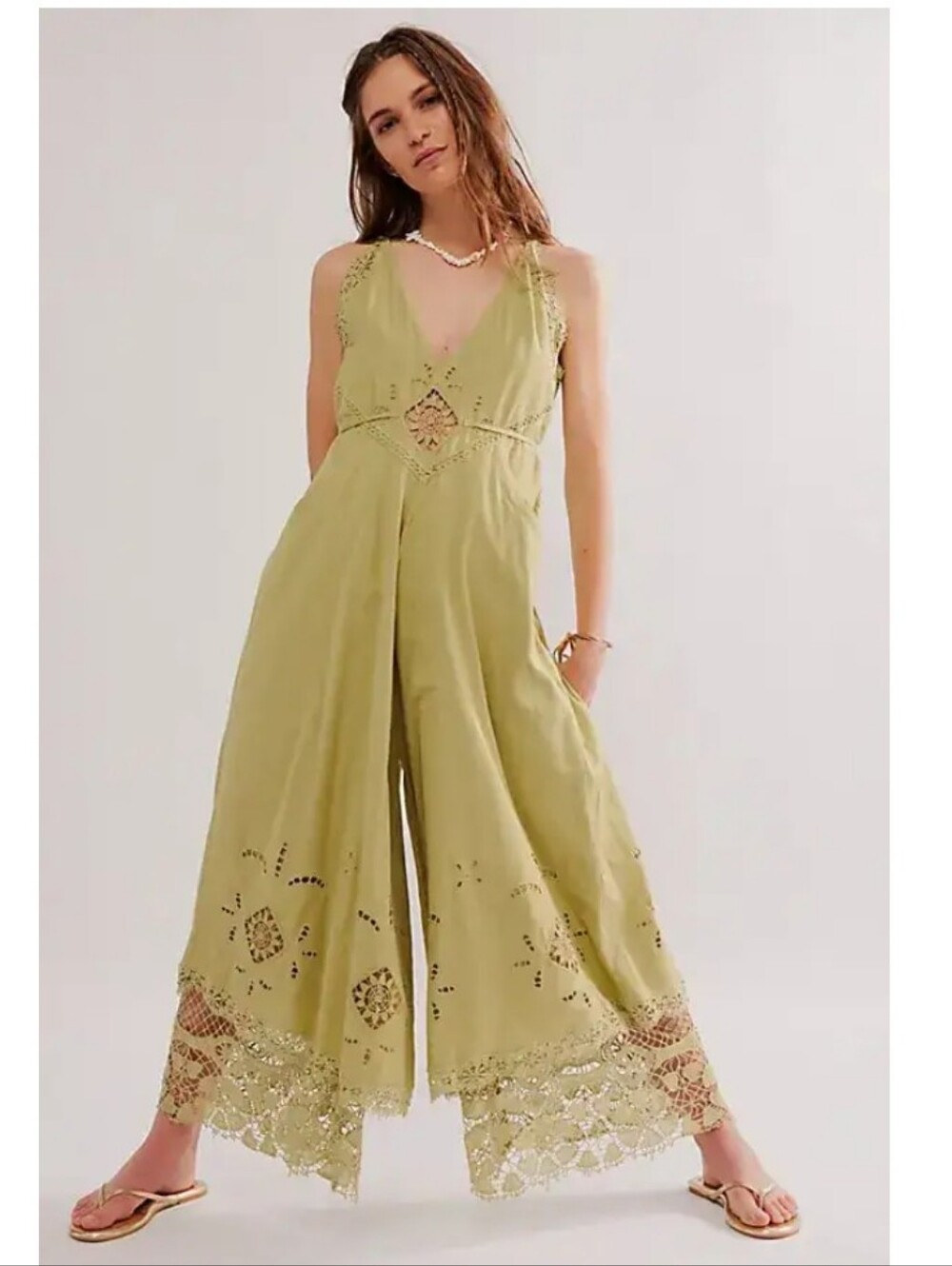 Free People Always Yours Lace Wide Leg Jumpsuit Dried Aloe M NWOT